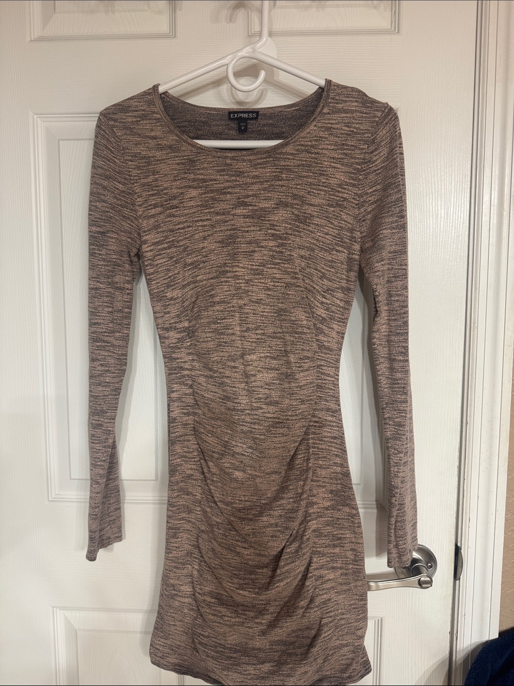 Express Long Sleeve Ruched Knit Dress in Heathered Brown